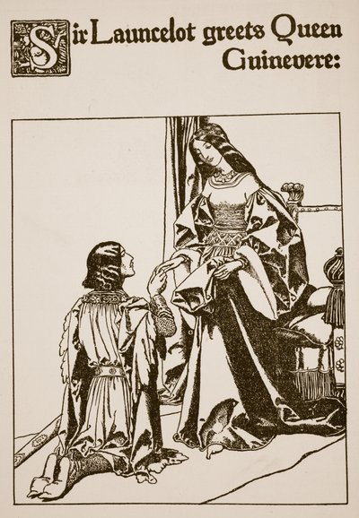 Sir Launcelot salue la reine Guenièvre, illustration de 